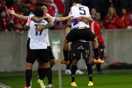 Futbolistas de Melgar festejan un gol en competicion de Conmebol