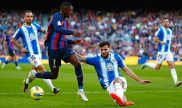 Ousmane Dembele del Barcelona en el derbi contra el Espanyol en el Camp Nou