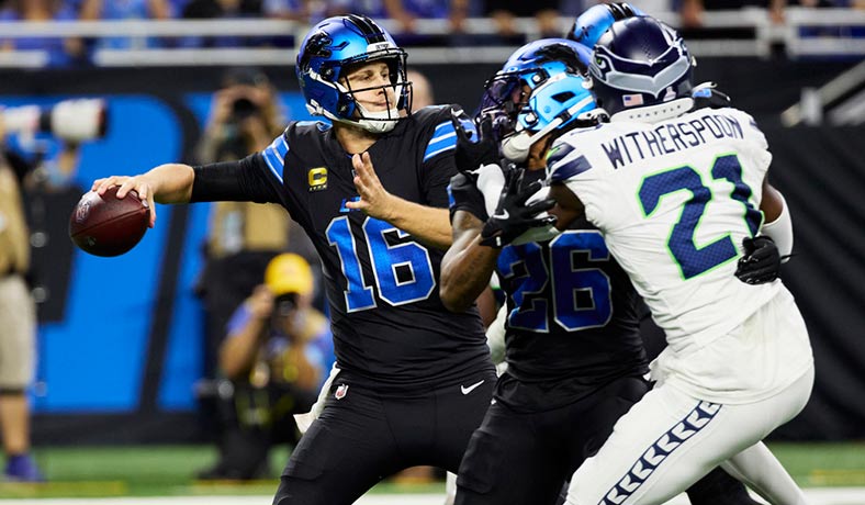 Jared Goff de Detroit Lions en juego ante Seattle Seahawks